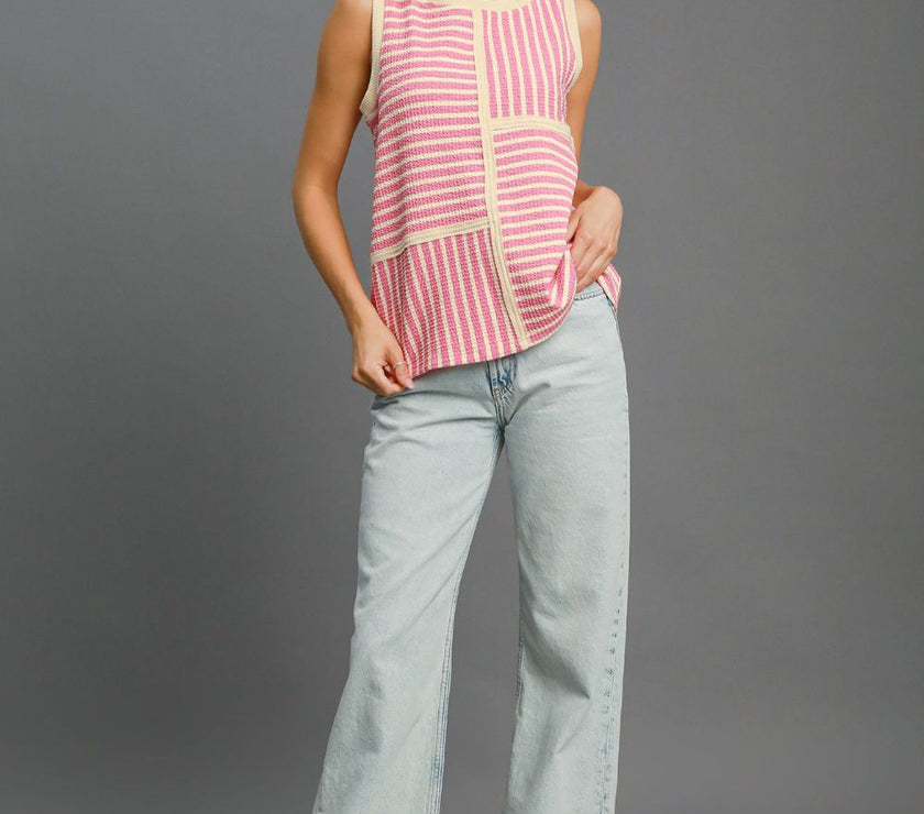 Umgee Round Neck Texture Striped Tank