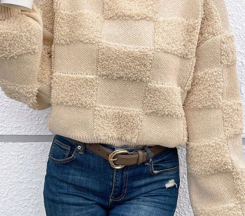 Checkered Round Neck Dropped Shoulder Sweater