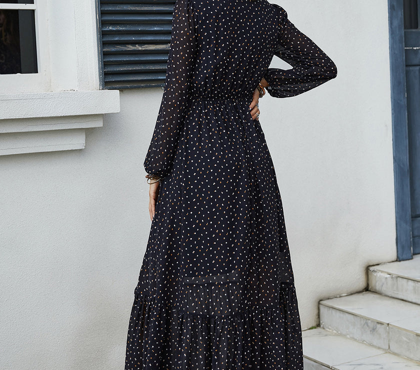 Embroidered V-Neck Long Sleeve Dress