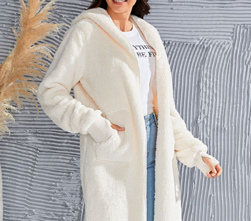 Double Take Full Size Hooded Teddy Bear Jacket with Thumbholes