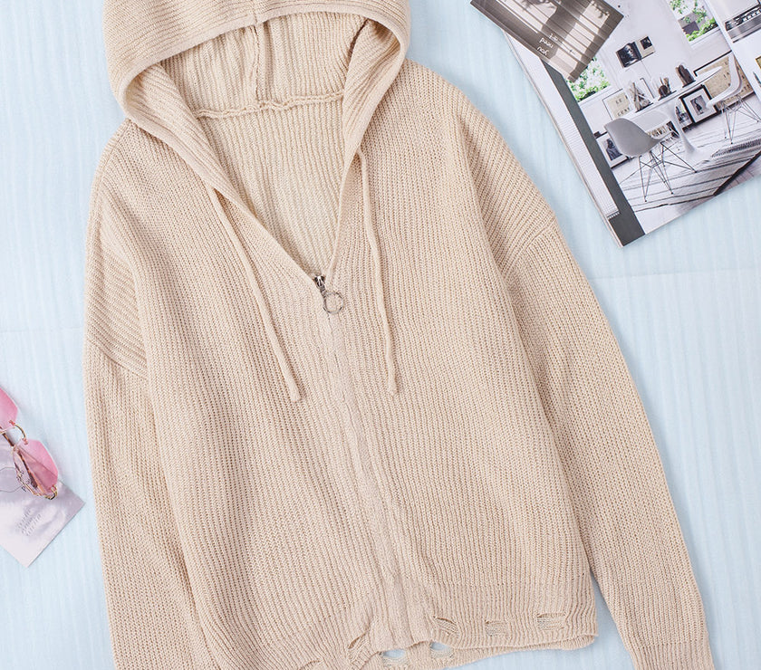 Distressed Zip Up Drawstring Hooded Cardigan