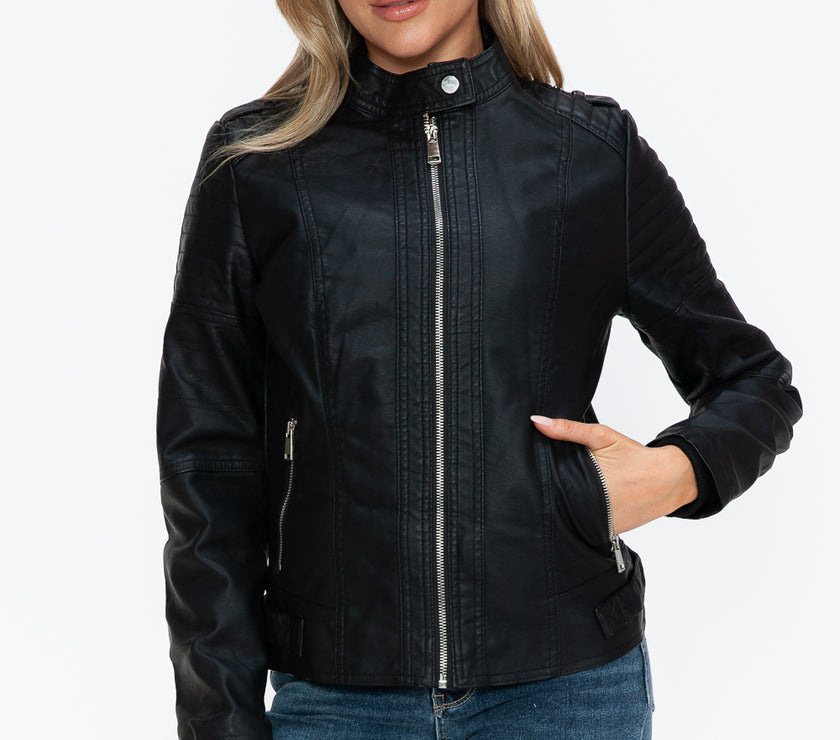 Snobbish PU Leather Biker Jacket with Side Zip Pockets