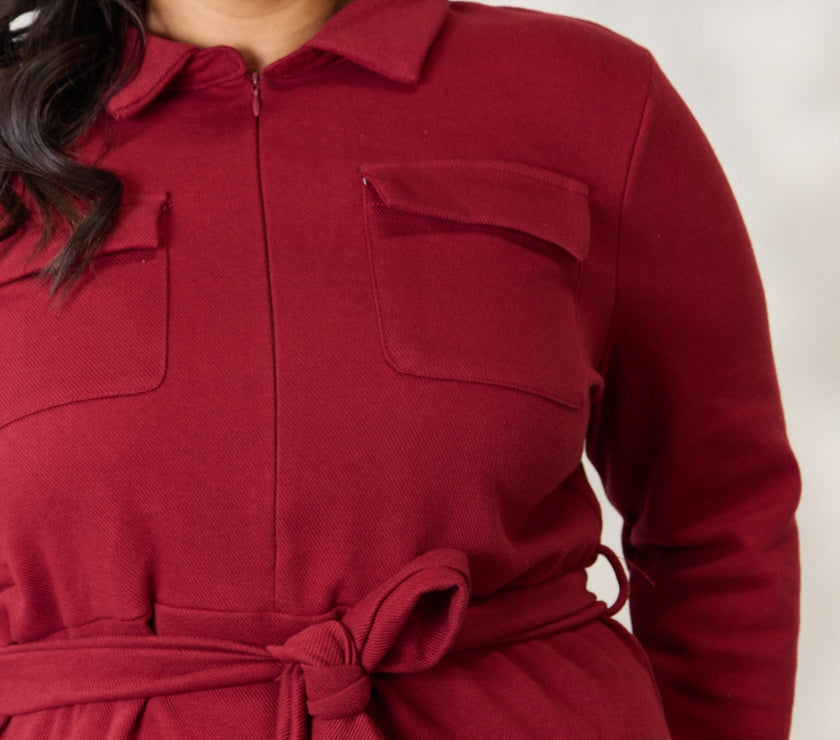 Culture Code Full Size Tie Front Half Zip Long Sleeve Shirt Dress