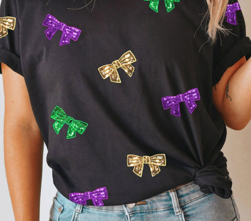 Bow Print Sequin Round Neck Short Sleeve T-Shirt