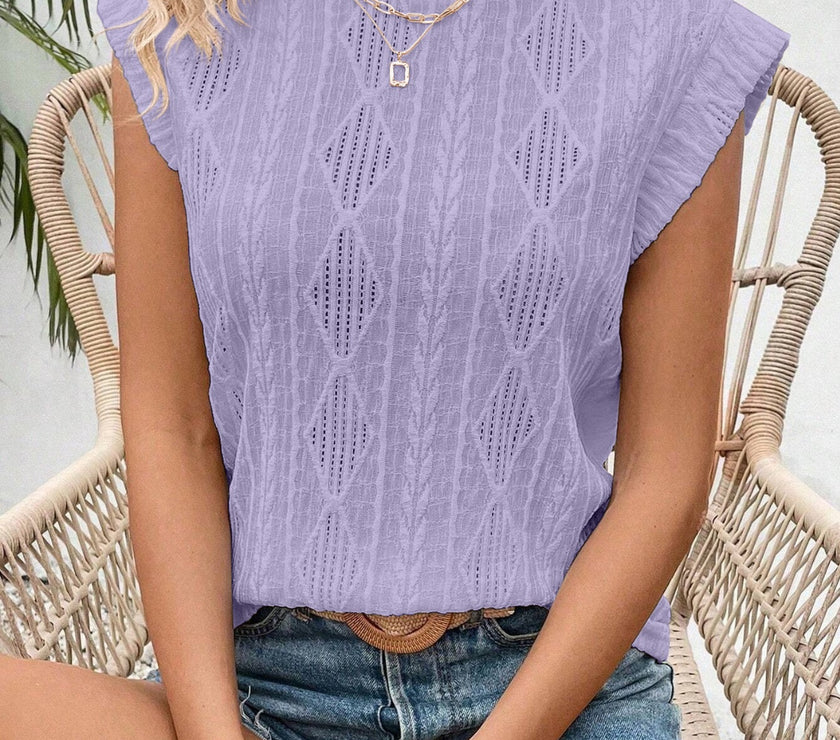 Openwork Round Neck Cap Sleeve Top