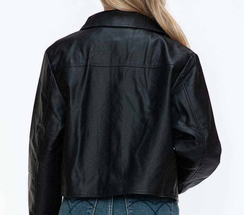 Snobbish Snap Down Long Sleeve PU Leather Jacket