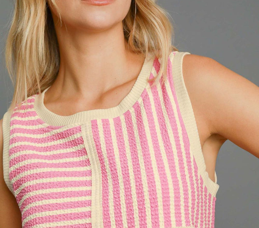 Umgee Round Neck Texture Striped Tank