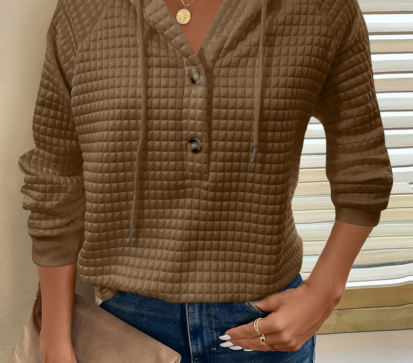 Full Size Texture Button Detail Drawstring Long Sleeve Hoodie