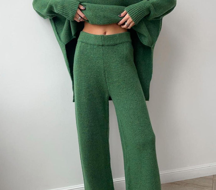 Slit Turtleneck Long Sleeve Top and Pants Sweater Set