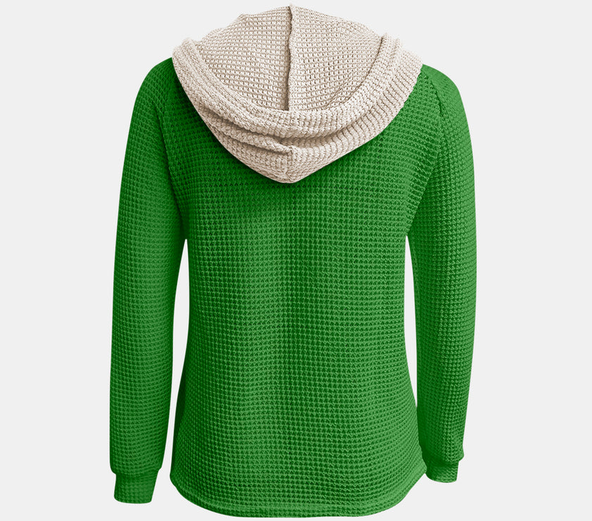 Full Size Waffle-Knit Contrast Long Sleeve Hoodie