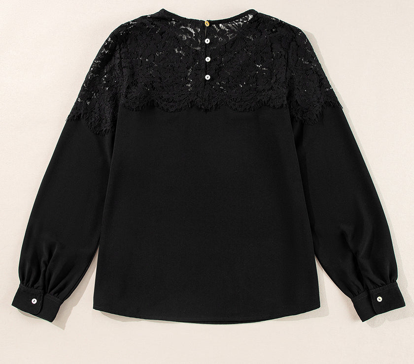 Lace Detail Round Neck Long Sleeve Blouse