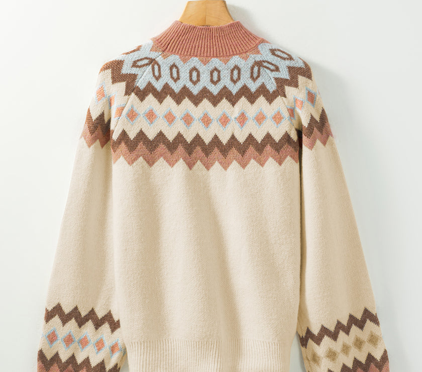 Geometric Mock Neck Long Sleeve Sweater