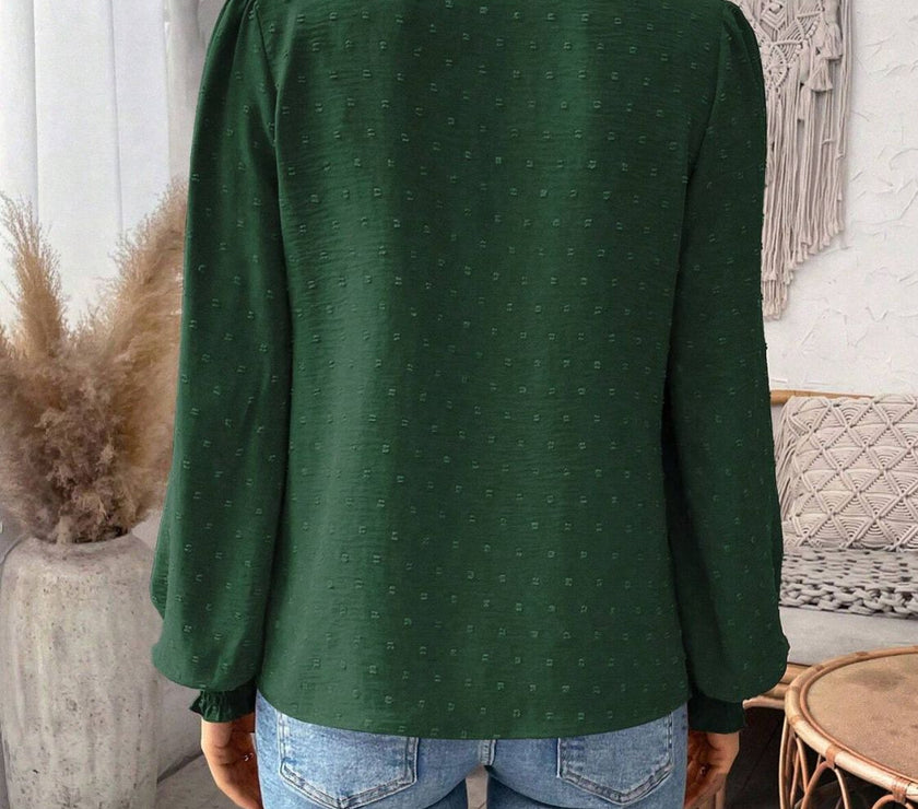 Swiss Dot Lace Detail Notched Long Sleeve Blouse