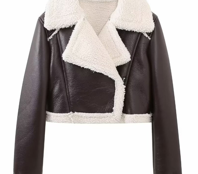 Collared Neck Long Sleeve Plush Cropped Jacket