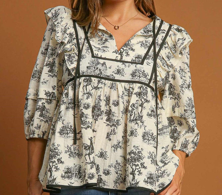 Umgee Ruffled Tie Neck Puff Sleeve Babydoll Blouse