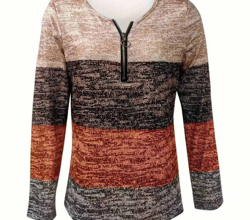 Color Block Quarter Zip Long Sleeve Blouse