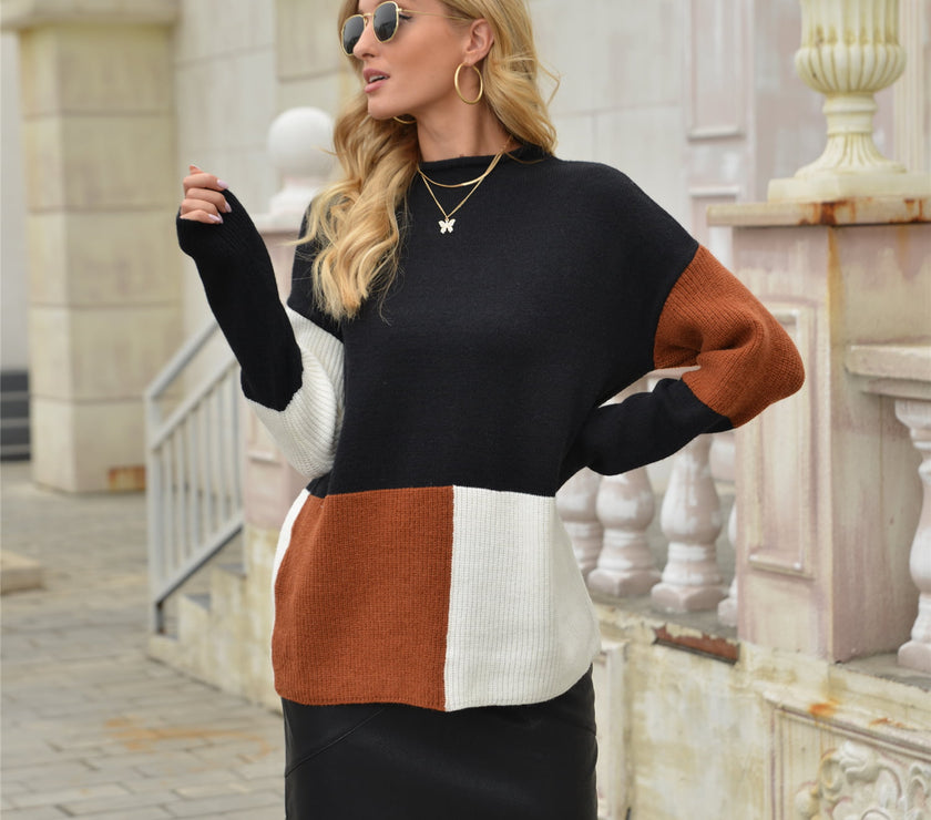 Angel Wings Color Block Round Neck Dropped Shoulder Sweater