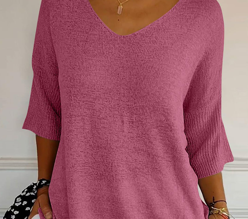 V-Neck Three-Quarter Sleeve Knit Top