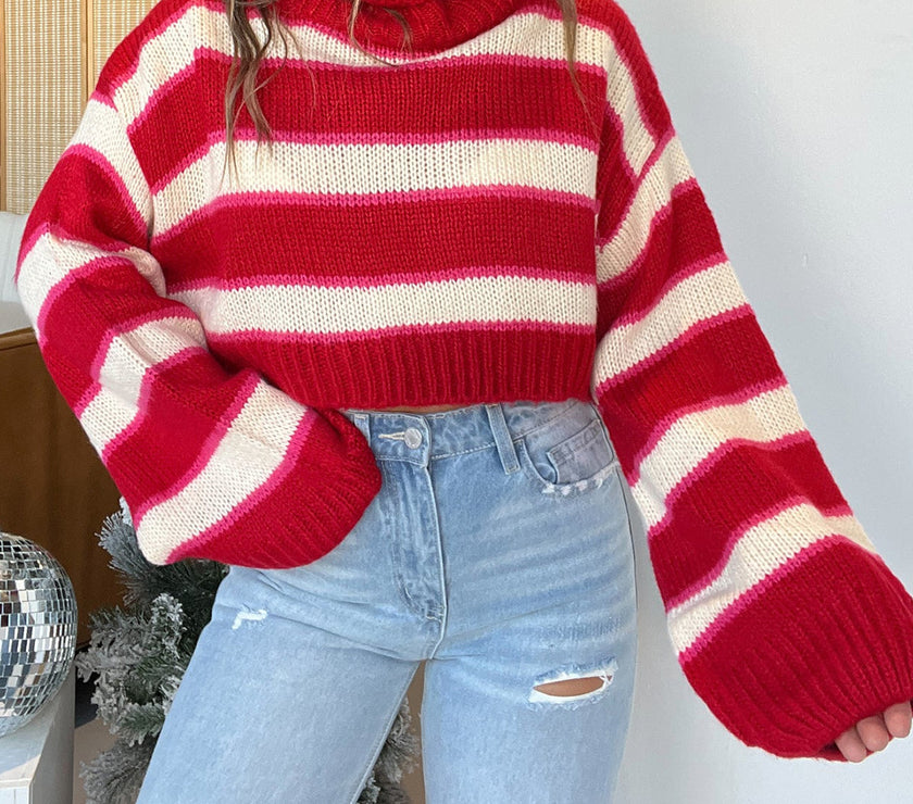 Striped Turtleneck Long Sleeve Cropped Sweater