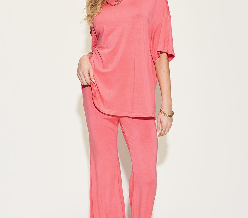 Basic Bae Full Size Bamboo Drop Shoulder T-Shirt and Flare Pants Set