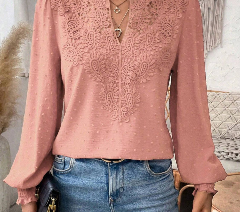 Swiss Dot Lace Detail Notched Long Sleeve Blouse