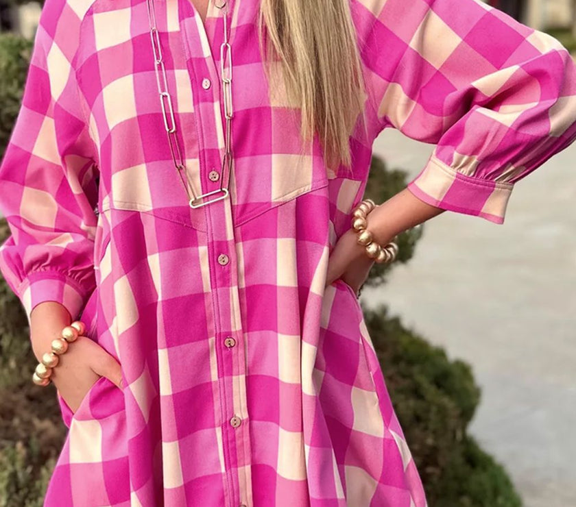 Ruched Plaid Three-Quarter Sleeve Shirt Dress