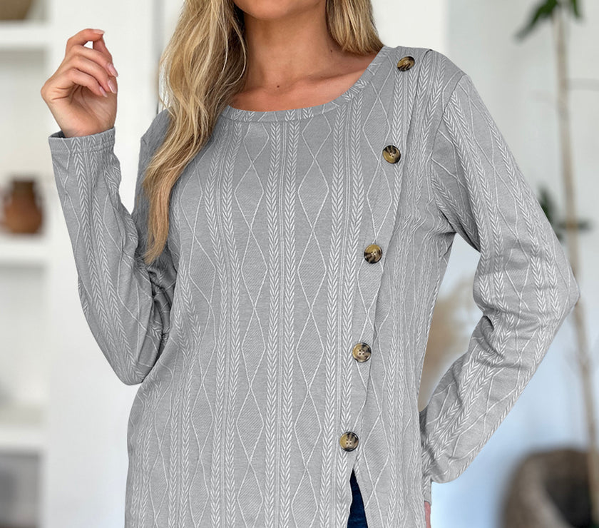 FAM-FAM Slit Round Neck Long Sleeve T-Shirt