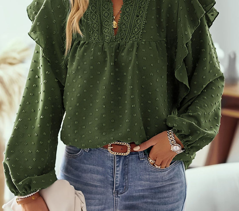 Ruffled Swiss Dot Notched Long Sleeve Blouse