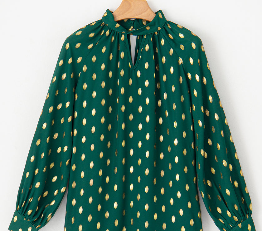 Cutout Printed Mock Neck Long Sleeve Blouse