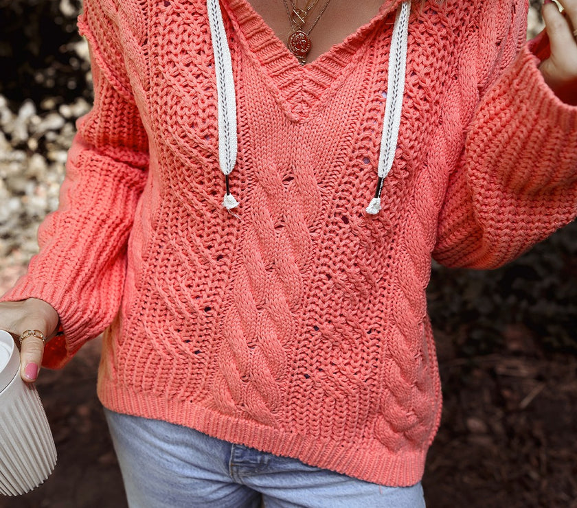 Drawstring Cable-Knit Hooded Sweater