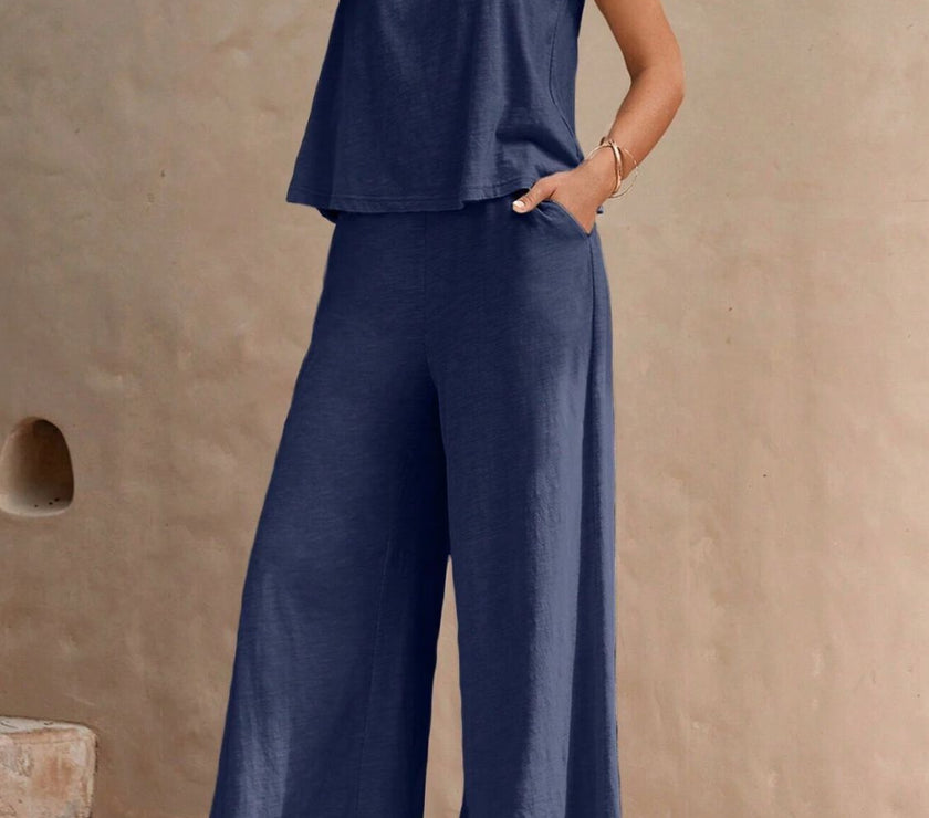 Round Neck Sleeveless Top and Wide Leg Pants Set