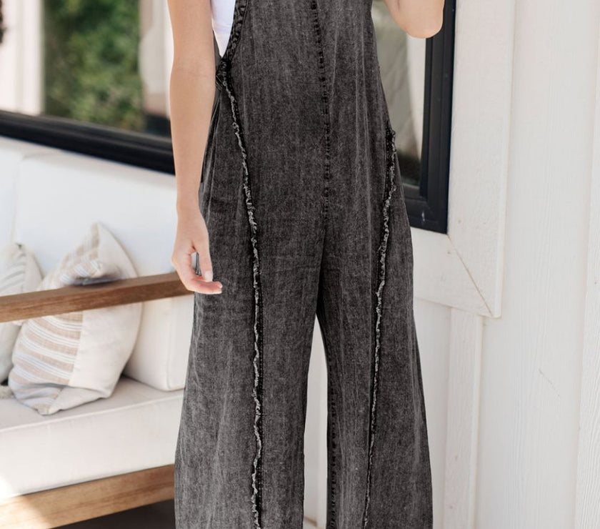 Frayed Exposed Seam Wide Leg Denim Overalls