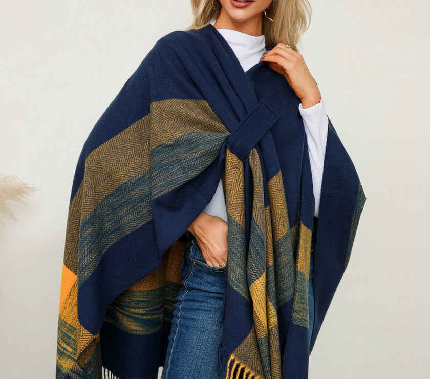 Fringe Contrast Plaid Poncho