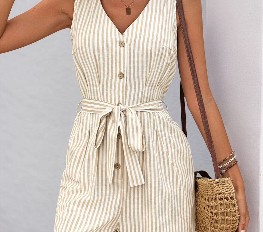 Perfee Striped V-Neck Tie Waist Romper