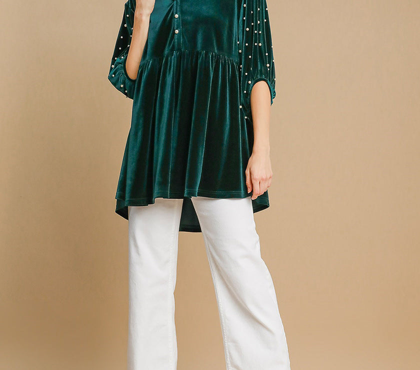 Umgee Pearl Detail Half Sleeve Velvet Babydoll Blouse