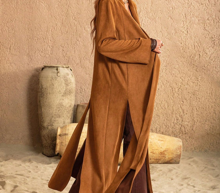Slit Tied Collared Neck Longline Coat