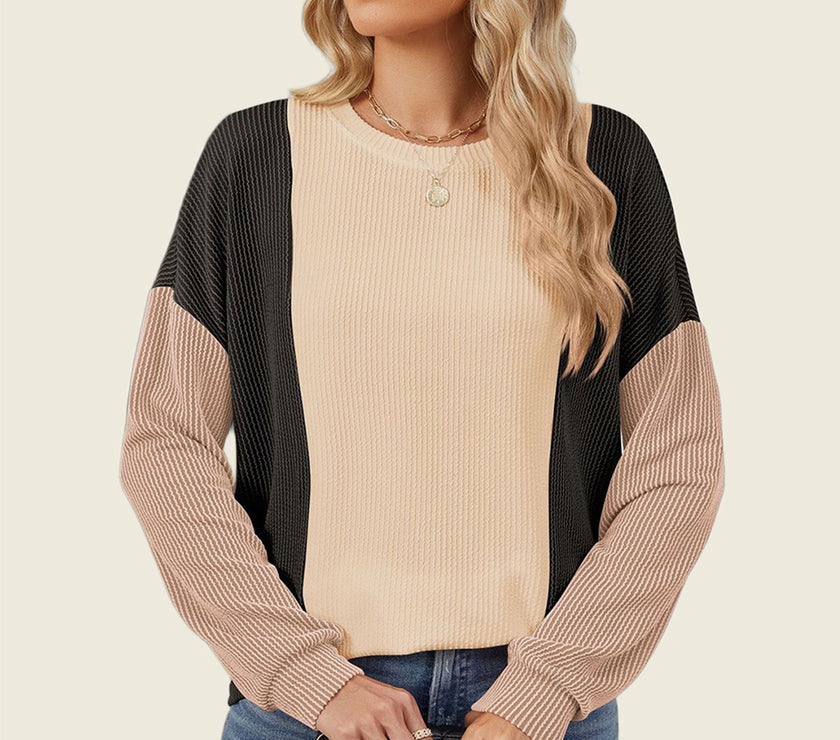 Double Take Texture Contrast Round Neck Long Sleeve T-Shirt