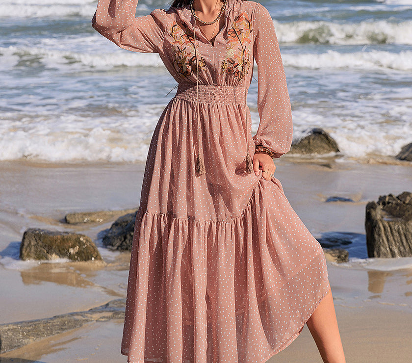 Embroidered Polka Dot Tie Neck Long Sleeve Midi Dress