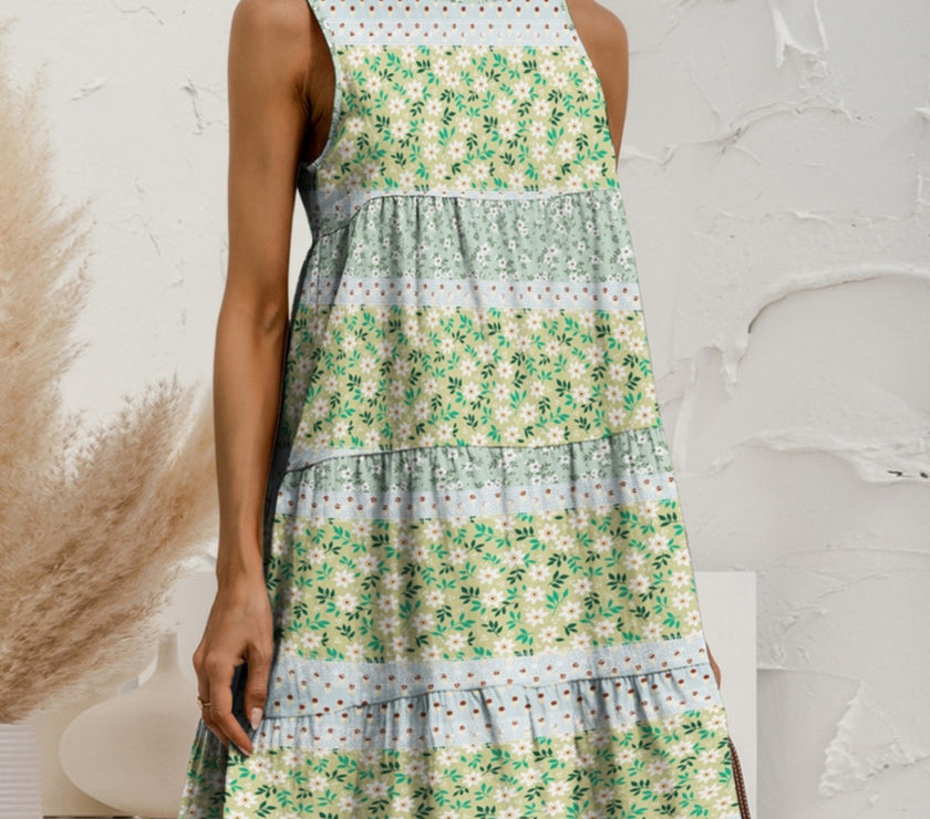 FAM-FAM Tiered Printed Round Neck Sleeveless Dress
