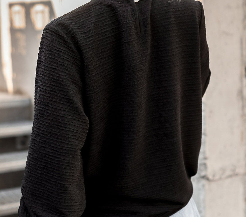 Smocked Frill Mock Neck Long Sleeve Blouse