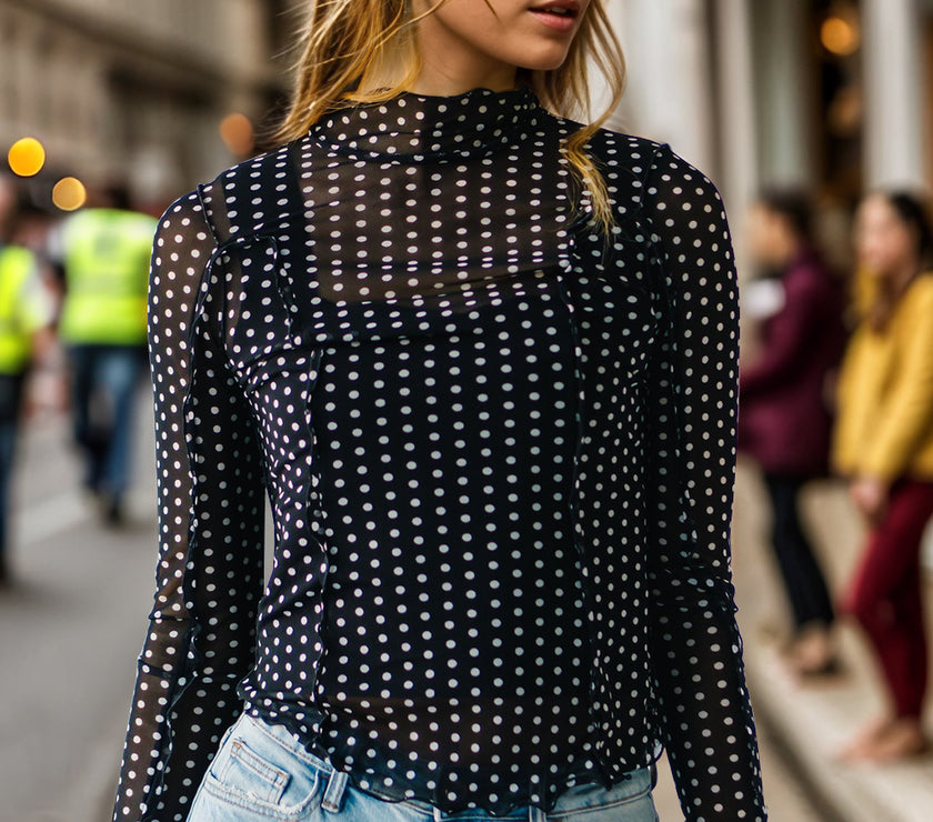 Oh Full Size Frill Printed Mock Neck Long Sleeve Top