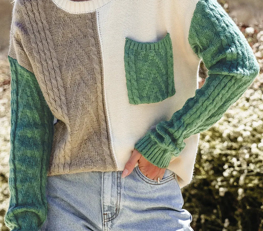 Color Block Round Neck Long Sleeve Sweater