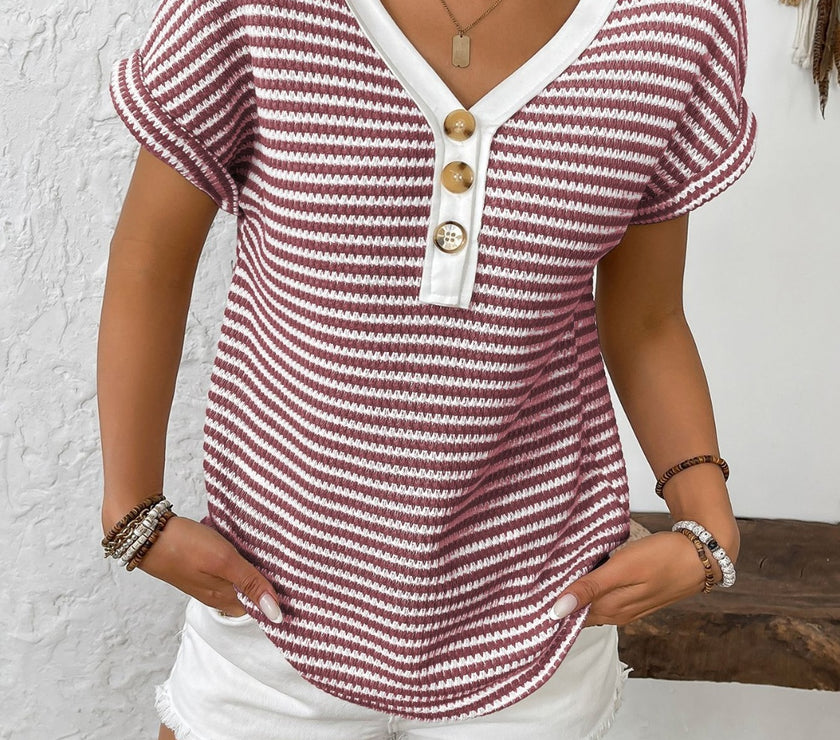 Striped V-Neck Short Sleeve T-Shirt