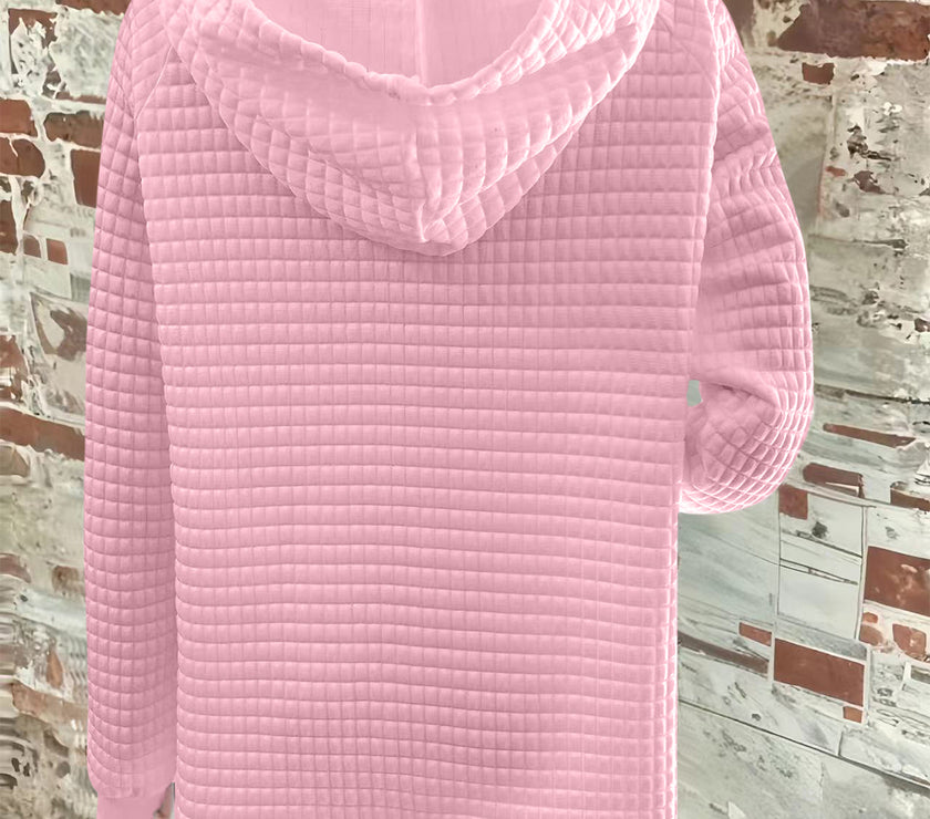 Full Size Texture Button Detail Drawstring Long Sleeve Hoodie