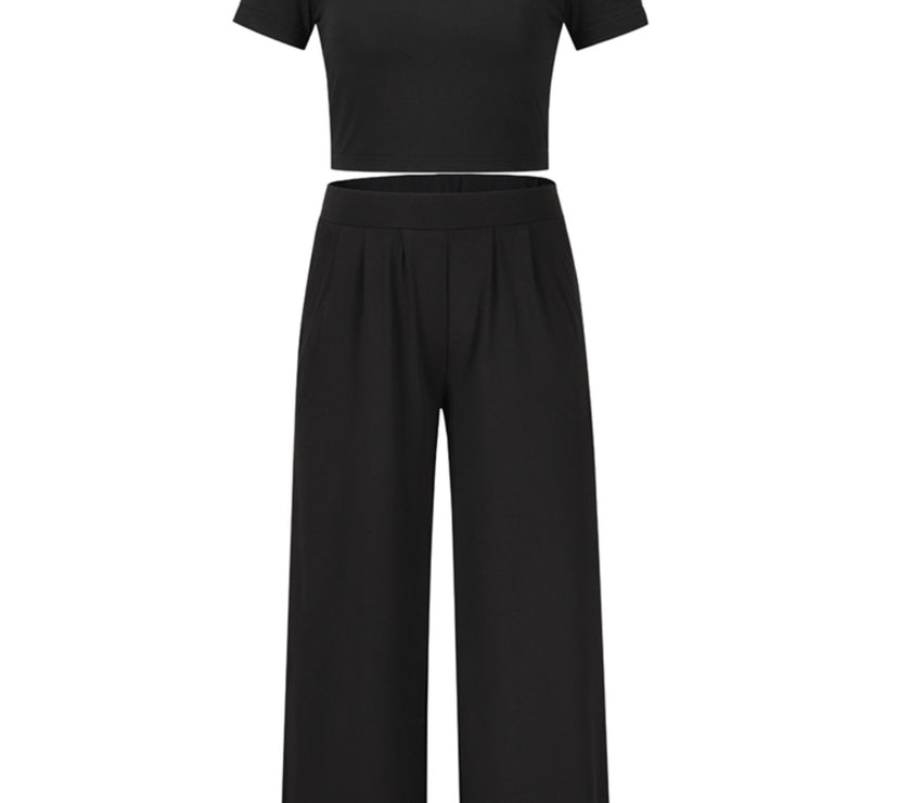 Round Neck Short Sleeve Top and Pocketed Pants Set