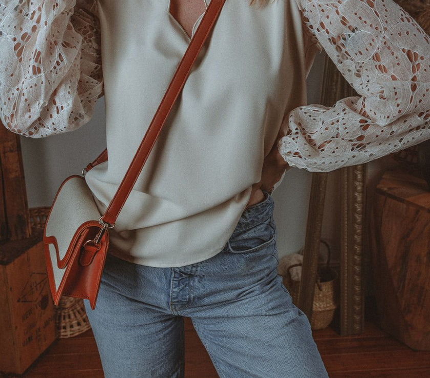 V Neck Lace Balloon Sleeve Blouse