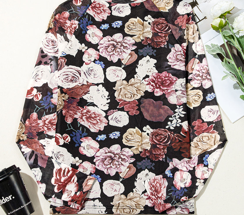 Floral Mock Neck Long Sleeve Mesh Top