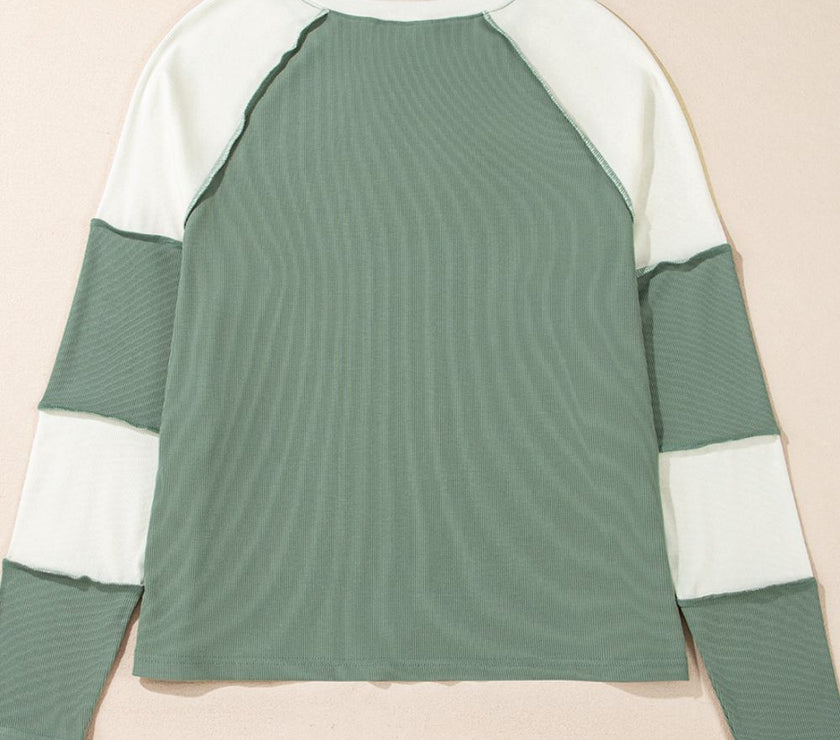 Color Block Round Neck Raglan Sleeve Top