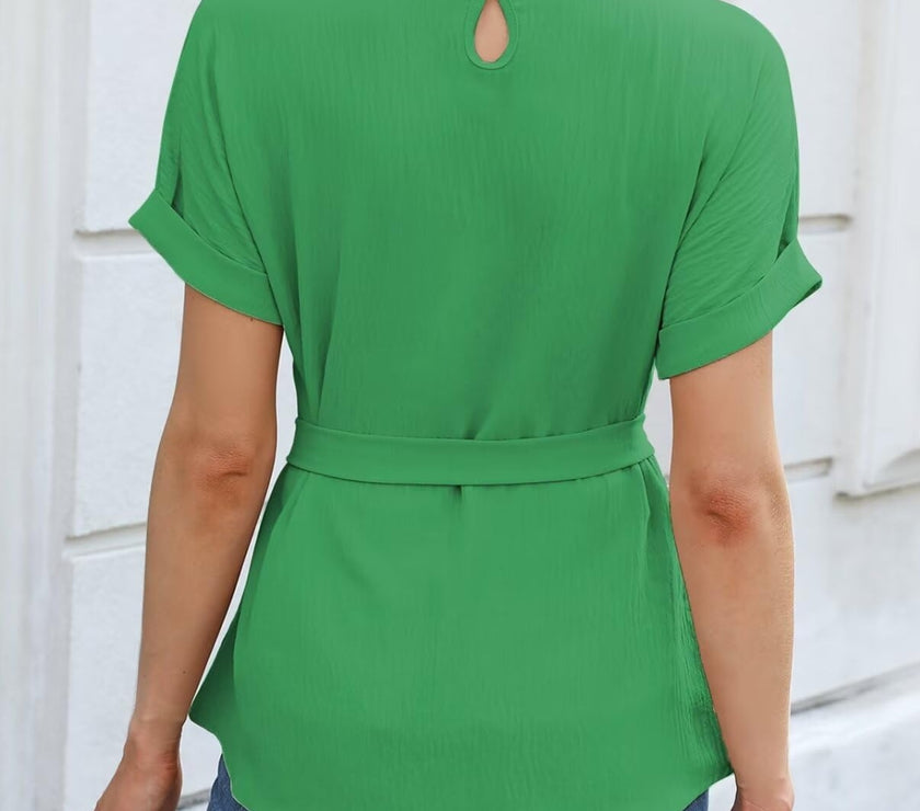 Tie Waist Round Neck Short Sleeve Blouse