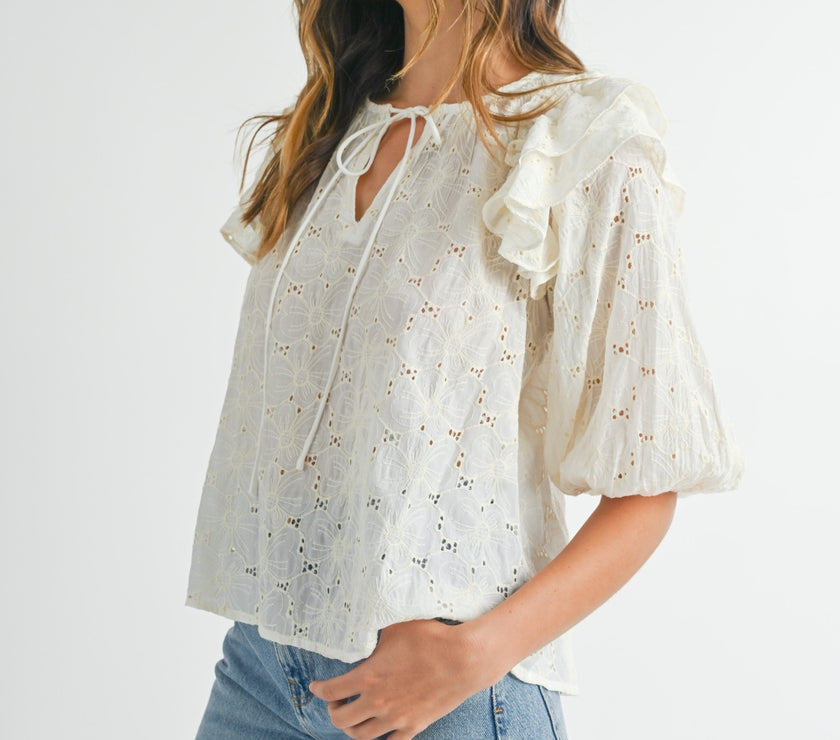 MABLE Eyelet Lace Ruffle Shoulder Puff Sleeve Blouse